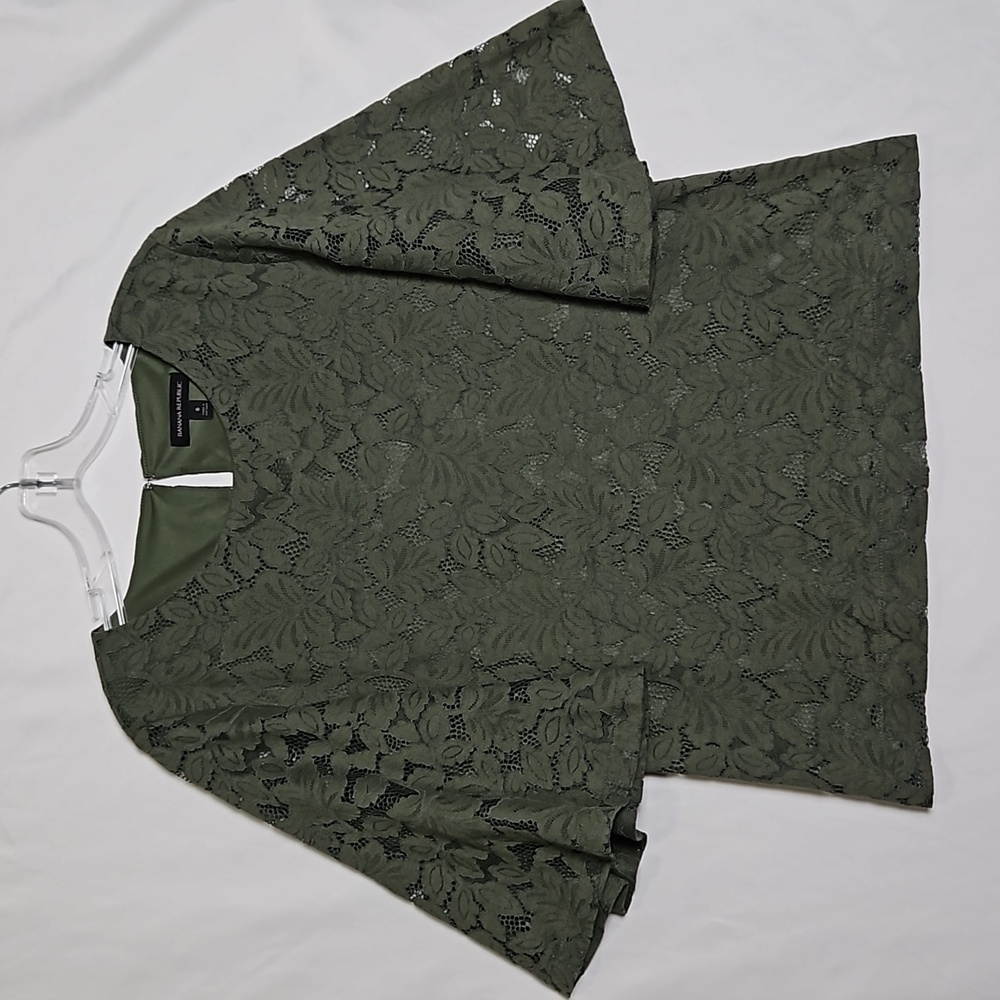Banana Republic Lace Bell Sleeve Blouse Boho Chic Romantic Dark Olive Size S